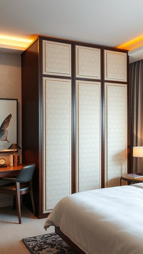 17 Stylish Home Office Guest Room Combos for Ultimate Efficiency 19 A stylish room divider made of wood and fabric, separating a home office from a guest room.