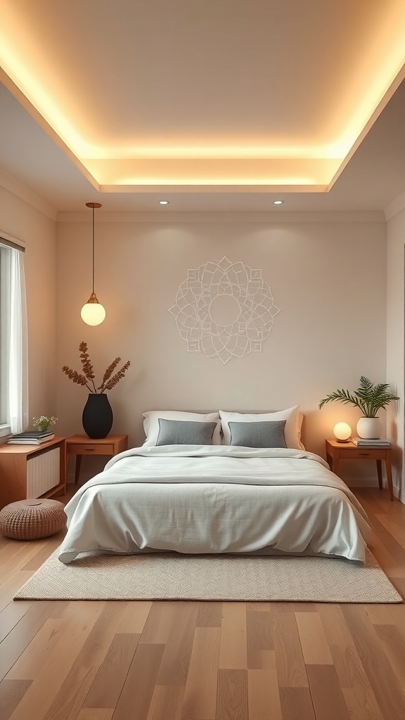 15 Inspiring Bedroom Ideas to Transform Your Space 24 A serene bedroom with soft lighting, a cozy bed, and calming decor, ideal for meditation.