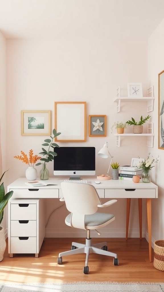 15 Stylish Moody Home Office Ideas for Ultimate Productivity 29 A modern home office with a soft pastel palette, featuring a white desk, comfortable chair, and decorative plants.
