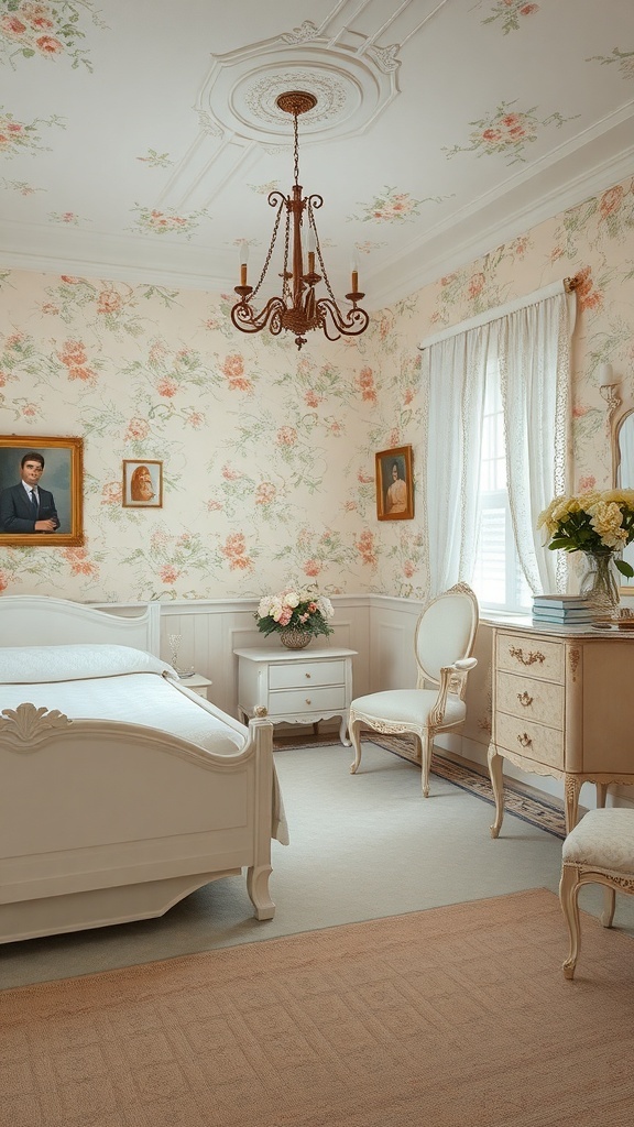 15 Inspiring Bedroom Ideas to Transform Your Space 18 A vintage-style bedroom featuring floral wallpaper, a chandelier, and classic furniture.