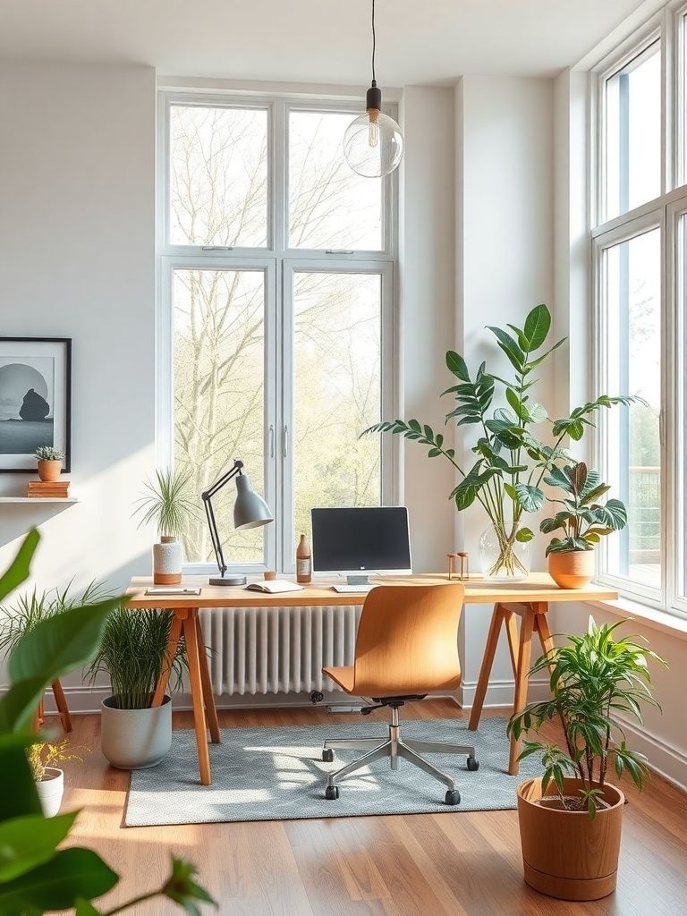 18 Stylish Modern Home Office Ideas to Inspire Your Space 19 A modern home office with large windows, plants, and a wooden desk