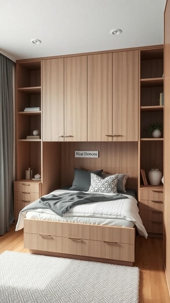 10 Creative Small Bedroom Ideas to Maximize Space 11 Small bedroom with multi-functional furniture including a bed with storage drawers and wall-mounted shelves.