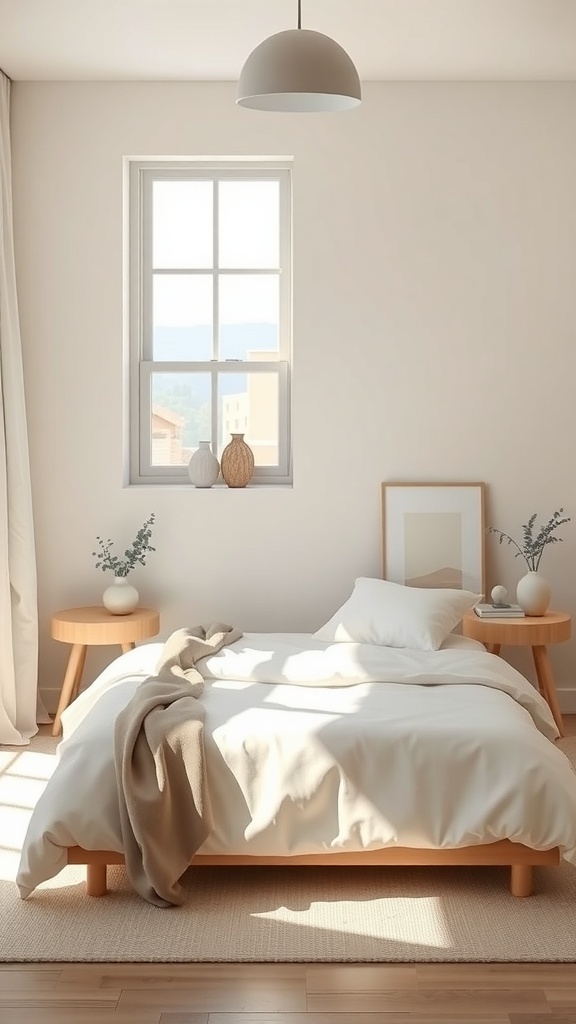 A cozy minimalist bedroom featuring a wooden bed, neutral bedding, and simple decor.