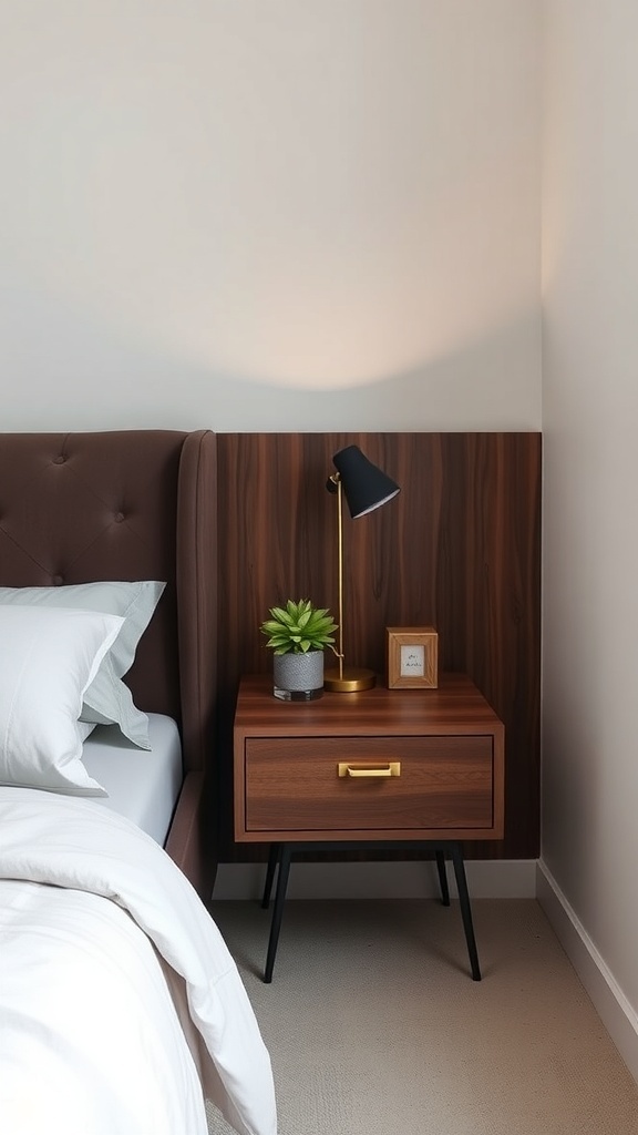 13 Creative Bedroom Ideas for Small Spaces 14 A compact nightstand with storage, featuring a drawer, a lamp, and a small plant.