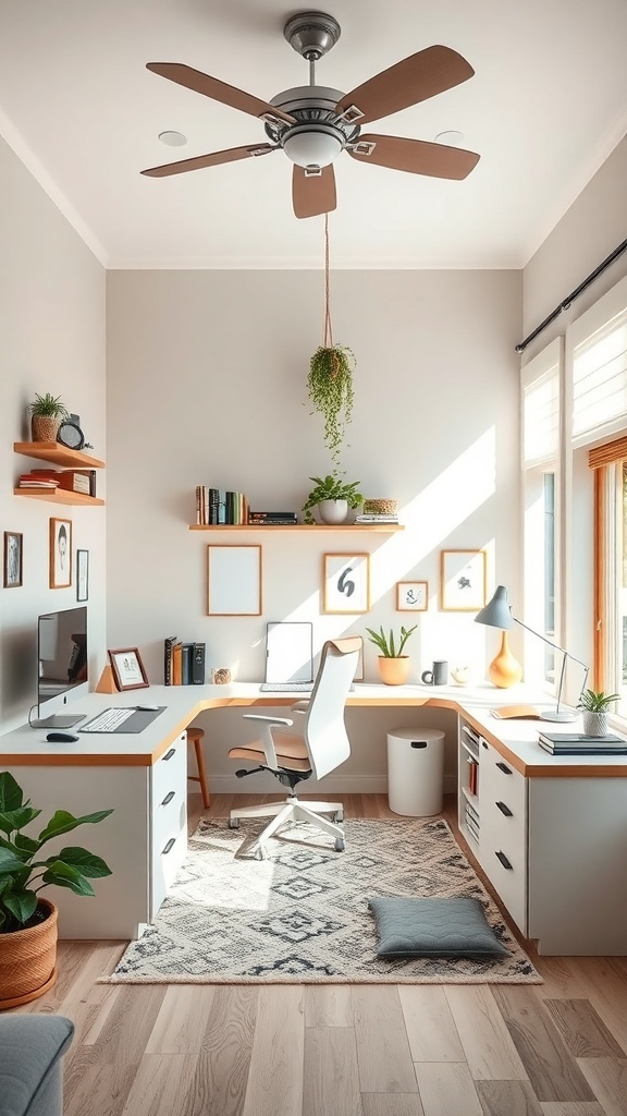 11 Inspiring Home Office Decor Ideas for a Productive Workspace 10 A modern home office with two desks, a comfortable chair, plants, and natural light.