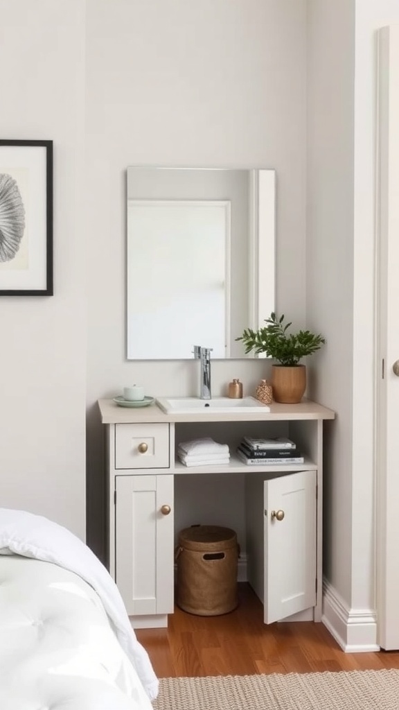 10 Chic Vanity Ideas to Elevate Your Bedroom Decor 11 Compact vanity with sink and mirror in a small bedroom
