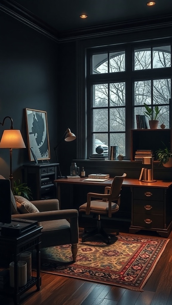 15 Stylish Moody Home Office Ideas for Ultimate Productivity 20 A moody home office featuring dark wood furniture, a cozy armchair, and a large window with natural light.