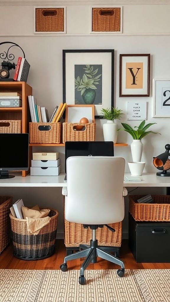 10 Essential Tips for Organizing Your Home Office 19 A stylish home office featuring organized baskets and boxes for clutter control.