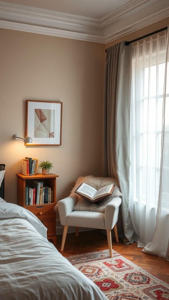 14 Cozy Bedroom Ideas to Transform Your Space 15 Cozy bedroom reading nook with a chair, open book, and soft lighting.