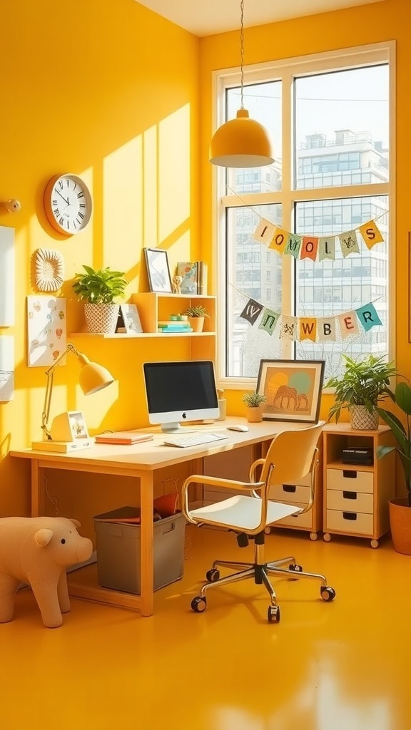 14 Inspiring Paint Colors for Your Home Office Makeover 8 A bright yellow home office with a desk, computer, plants, and playful decor.