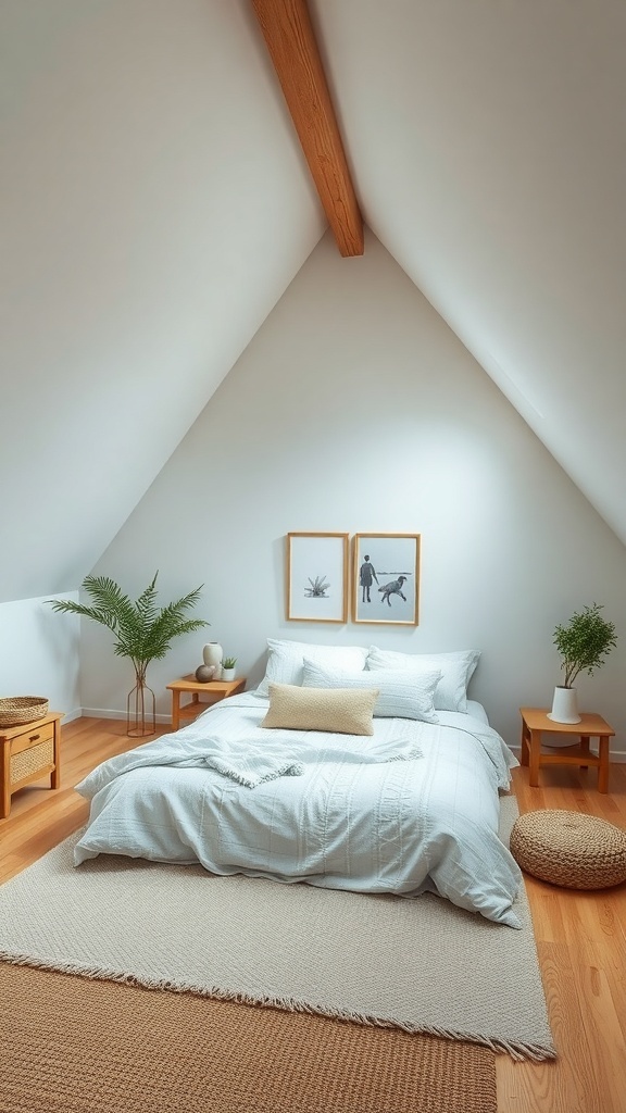 10 Cozy Attic Bedroom Ideas You’ll Love 16 A serene attic bedroom with a sloped ceiling, featuring a cozy bed, wooden accents, and potted plants.