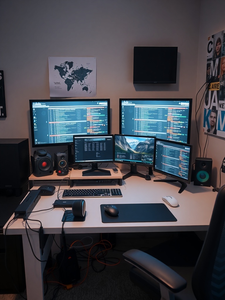 18 Stylish Modern Home Office Ideas to Inspire Your Space 22 A modern home office setup featuring multiple monitors, speakers, and a clean desk.