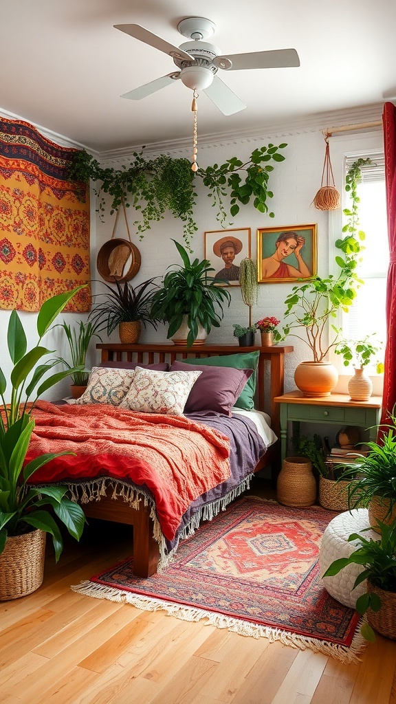 15 Inspiring Bedroom Ideas to Transform Your Space 16 A cozy bohemian chic bedroom with plants, colorful textiles, and framed art.