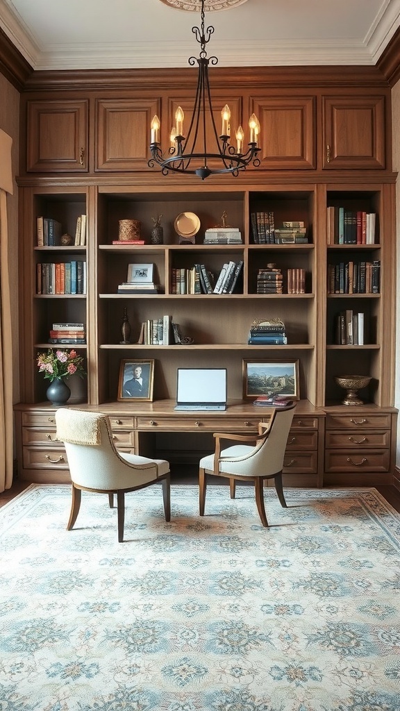 19 Creative Murphy Bed Office Guest Bedrooms Ideas 10 A traditional office space with wooden cabinetry, a desk, and a chandelier.