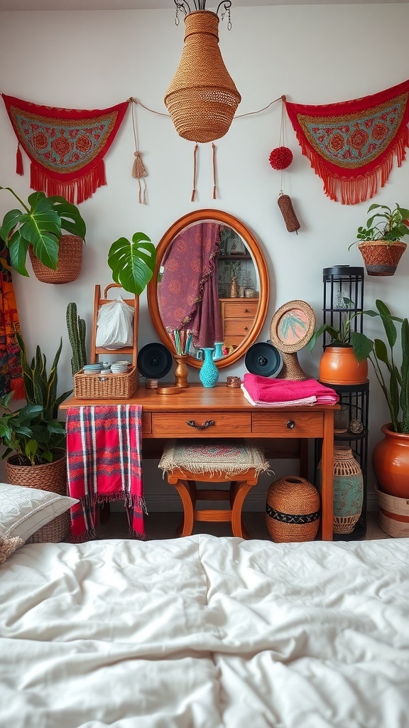10 Chic Vanity Ideas to Elevate Your Bedroom Decor 13 A bohemian-inspired makeup station with a wooden vanity, plants, and colorful textiles.