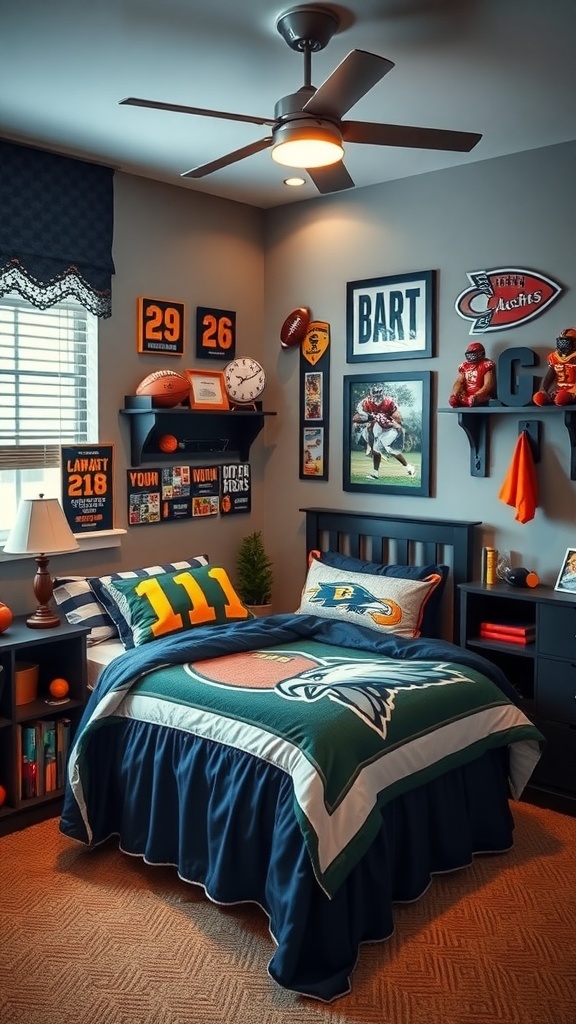 12 Creative Boys Bedroom Ideas for a Fun and Stylish Space 13 A boys bedroom decorated with sports memorabilia, featuring team colors and a cozy bed with sports-themed bedding.