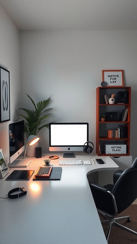 13 Essential Tips for an Organized Home Office 10 A modern home office setup with a clean desk, computer, and organized shelves.