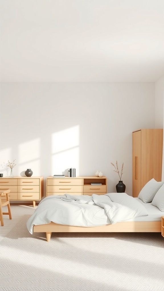 11 Stunning Bedroom Decor Ideas to Transform Your Space 12 A minimalist Scandinavian bedroom featuring light colors and natural wood furniture.