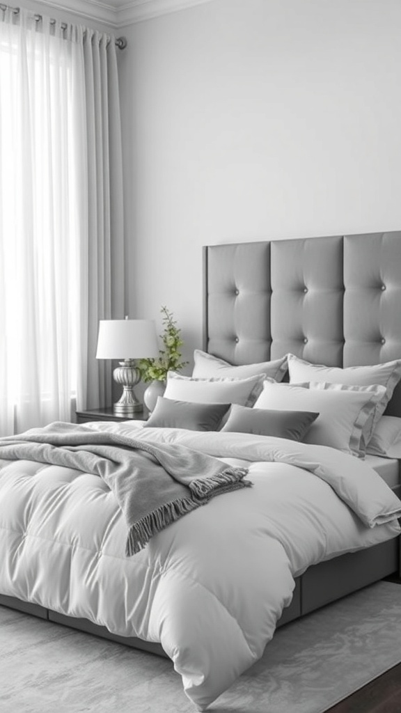 16 Stunning Grey Bedroom Ideas to Transform Your Space 17 A grey bedroom featuring a plush bed with grey bedding, a tufted headboard, and light curtains.