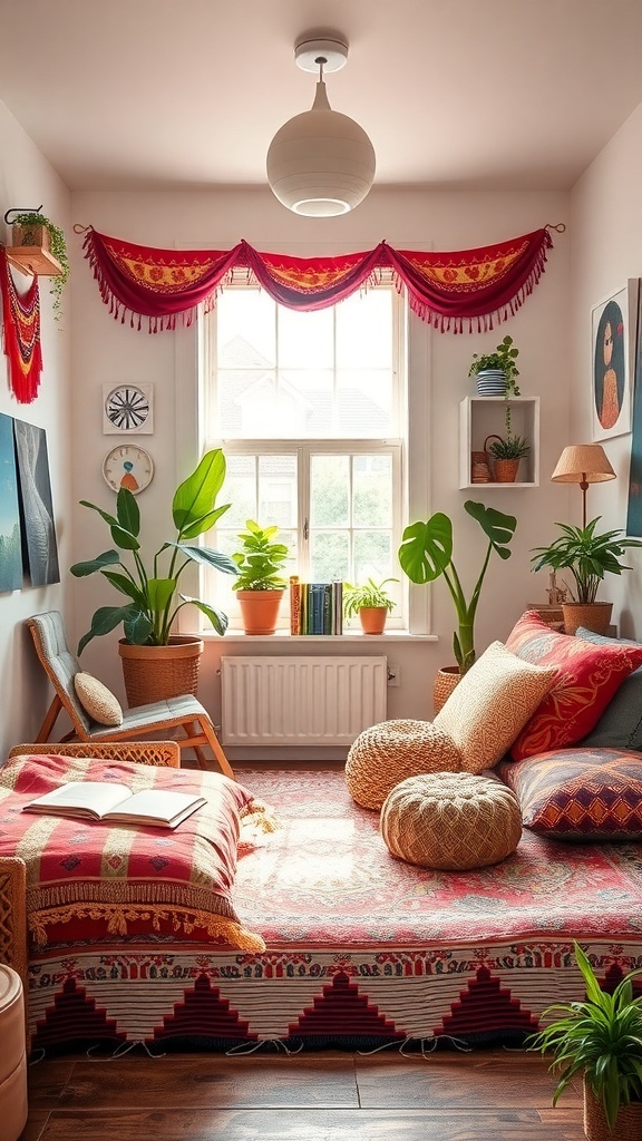 A cozy bohemian bedroom with vibrant textiles, plants, and a large window.