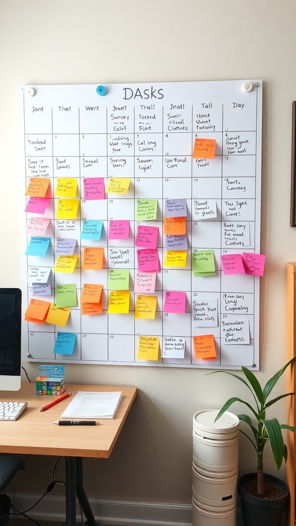 10 Essential Tips for Organizing Your Home Office 20 A colorful task board with sticky notes organized by tasks, next to a desk with a computer and a plant.