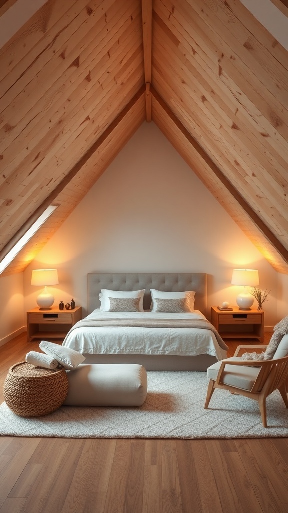 10 Cozy Attic Bedroom Ideas You’ll Love 20 A cozy attic bedroom with wooden beams, a plush bed, and soft lighting, creating a spa-inspired retreat.