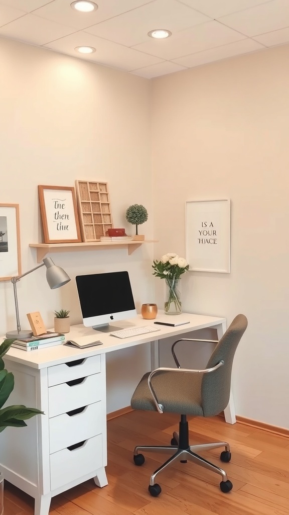 15 Must-Have Items for a Perfect Home Office Setup for Women 7 A stylish home office setup featuring a white desk, a computer, and decorative elements.