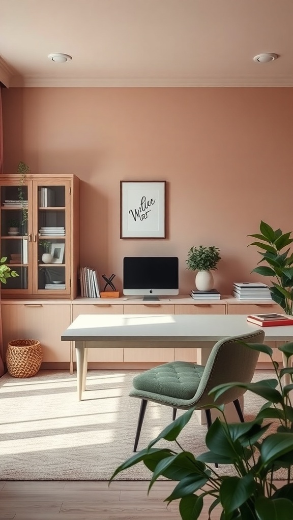 14 Inspiring Paint Colors for Your Home Office Makeover 12 A home office with muted peach walls, light wood furniture, a green chair, and plants.