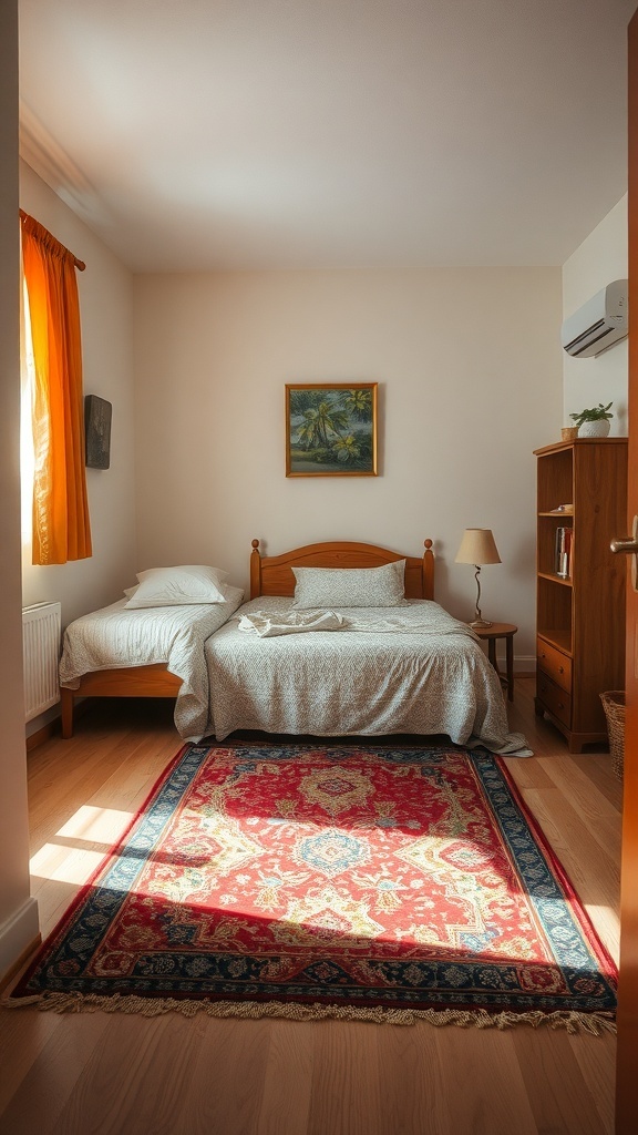 13 Creative Bedroom Ideas for Small Spaces 22 A cozy small bedroom with two beds and a decorative rug.