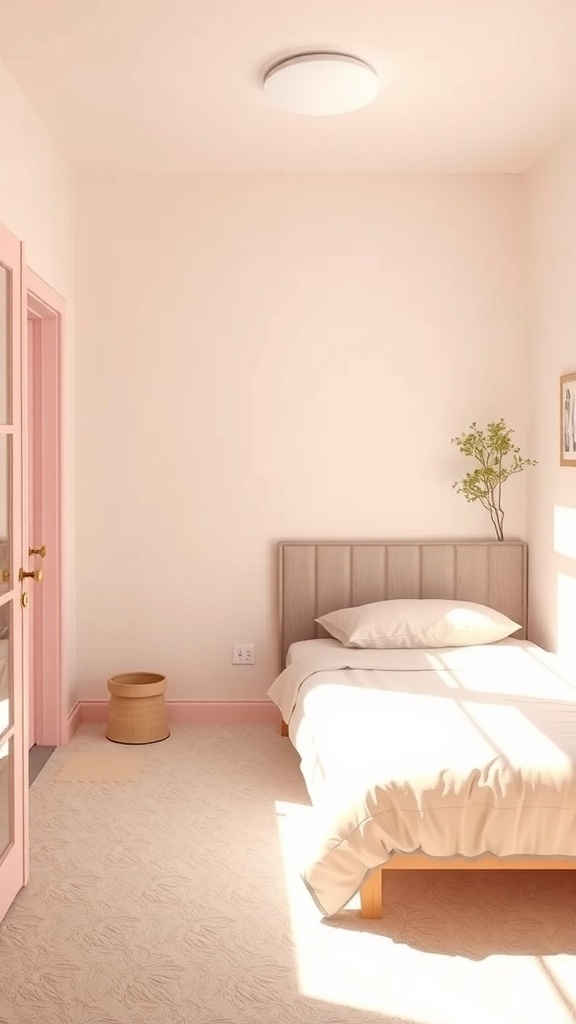 10 Creative Small Bedroom Ideas to Maximize Space 12 A small bedroom featuring light colors, a bed with soft bedding, and pink accents on the door.