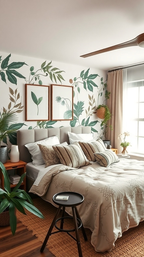 13 Stylish Bedroom Ideas to Transform Your Space 26 A cozy bedroom with nature-inspired decor featuring leafy wall art, a comfortable bed, and plants.
