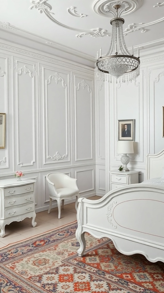14 Stunning White Bedroom Ideas for a Dreamy Retreat 24 A classic all-white bedroom featuring elegant moldings, a chandelier, and stylish furniture.