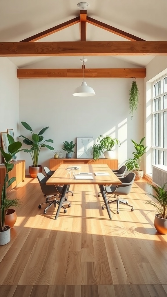 12 Inspiring Home Office Layout Ideas for Ultimate Productivity 13 Open concept office with a large wooden table, chairs, and plants