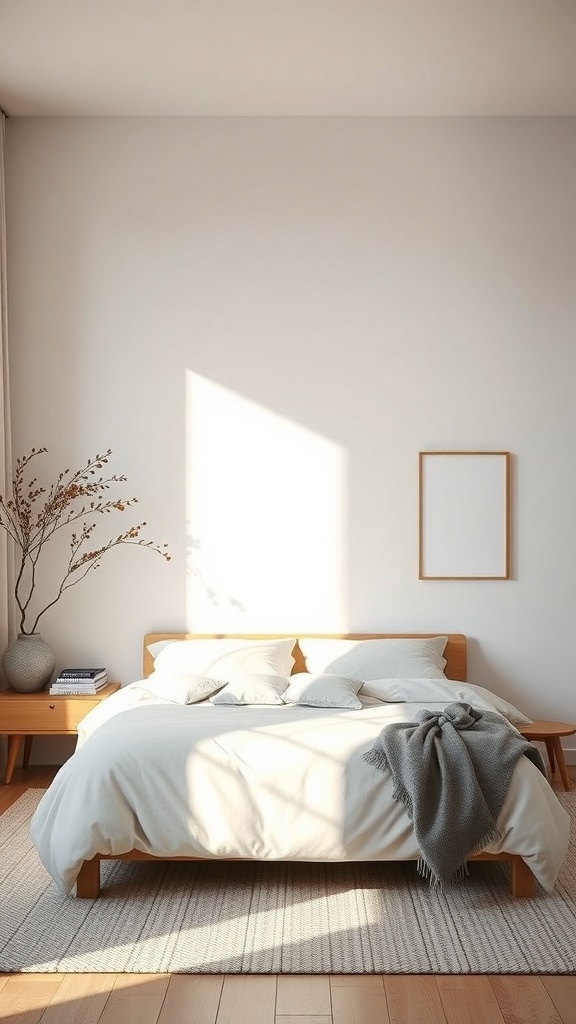 15 Cute Bedroom Ideas to Elevate Your Space 16 A minimalist Scandinavian bedroom featuring a wooden bed, soft bedding, and natural light.