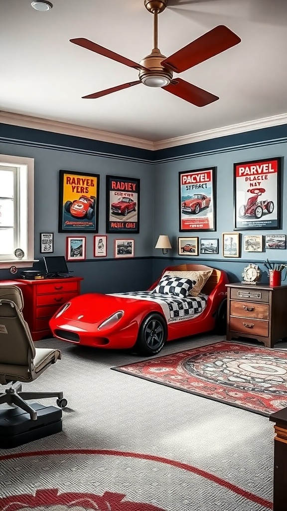 12 Creative Boys Bedroom Ideas for a Fun and Stylish Space 16 Boys bedroom with a classic car garage theme featuring a red race car bed and vintage car posters on the walls.