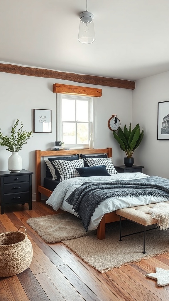 A rustic black and white bedroom featuring wooden beams, a cozy bed with black and white pillows, and natural light from a window.