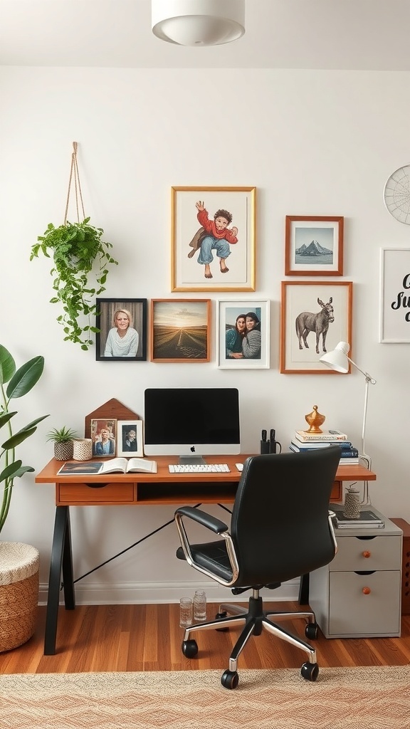15 Must-Have Items for a Perfect Home Office Setup for Women 2 A stylish home office setup featuring a desk, computer, and personal decorations on the wall.