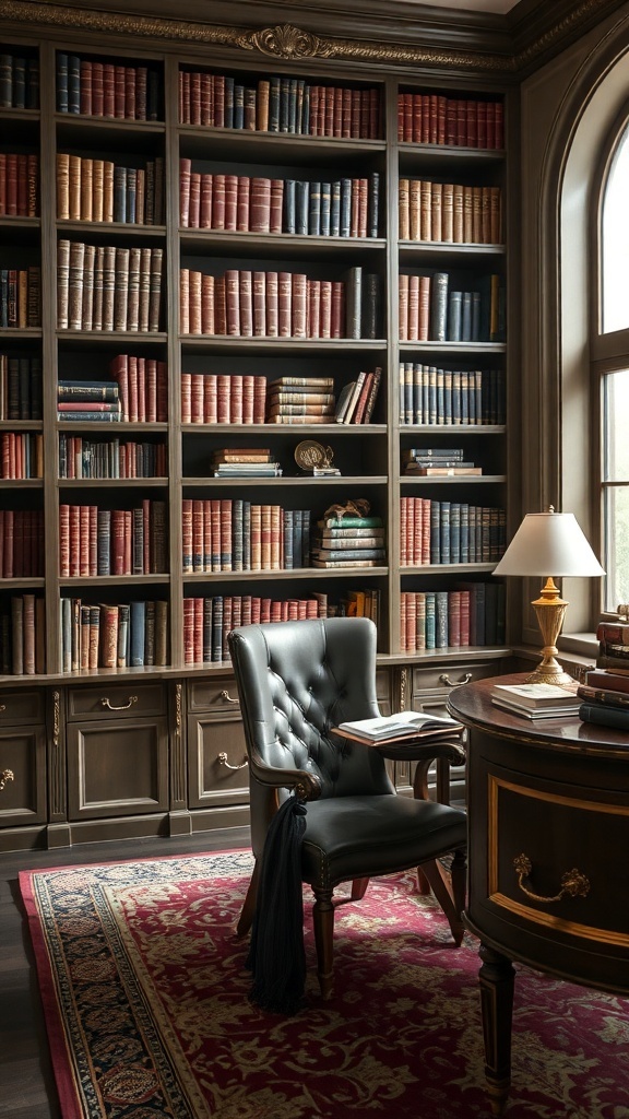 10 Must-Have Masculine Decor Items for Your Home Office 20 A classic library study with wooden bookshelves filled with books, a leather chair, and a desk.
