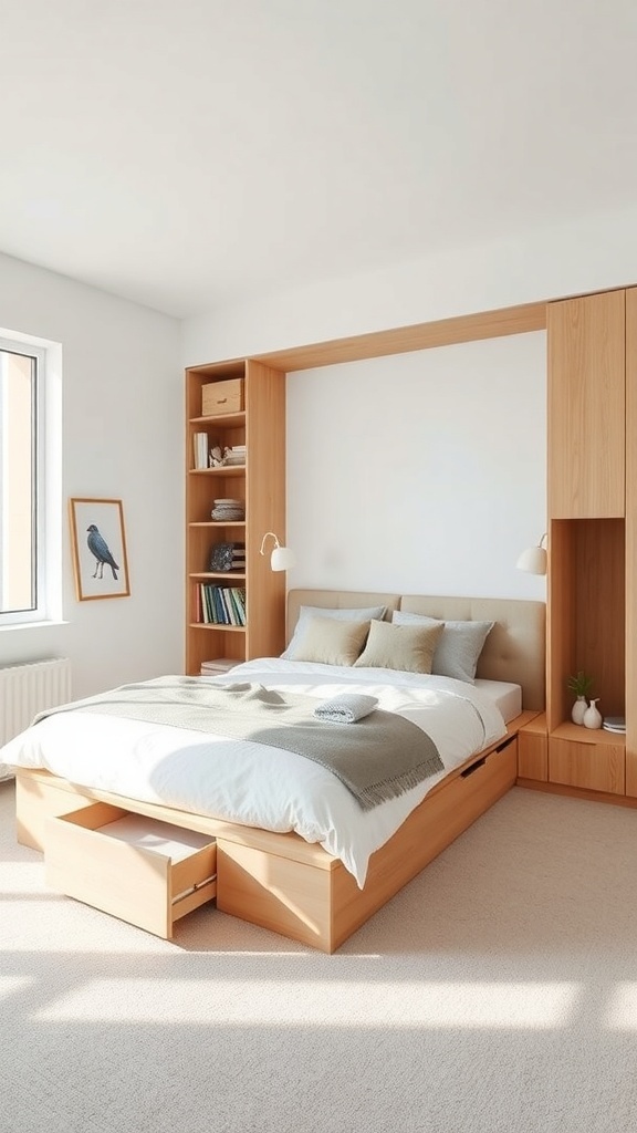 10 Minimal Bedroom Ideas for a Calm and Clutter-Free Space 5 A minimal bedroom featuring a bed with storage drawers and wooden shelves.