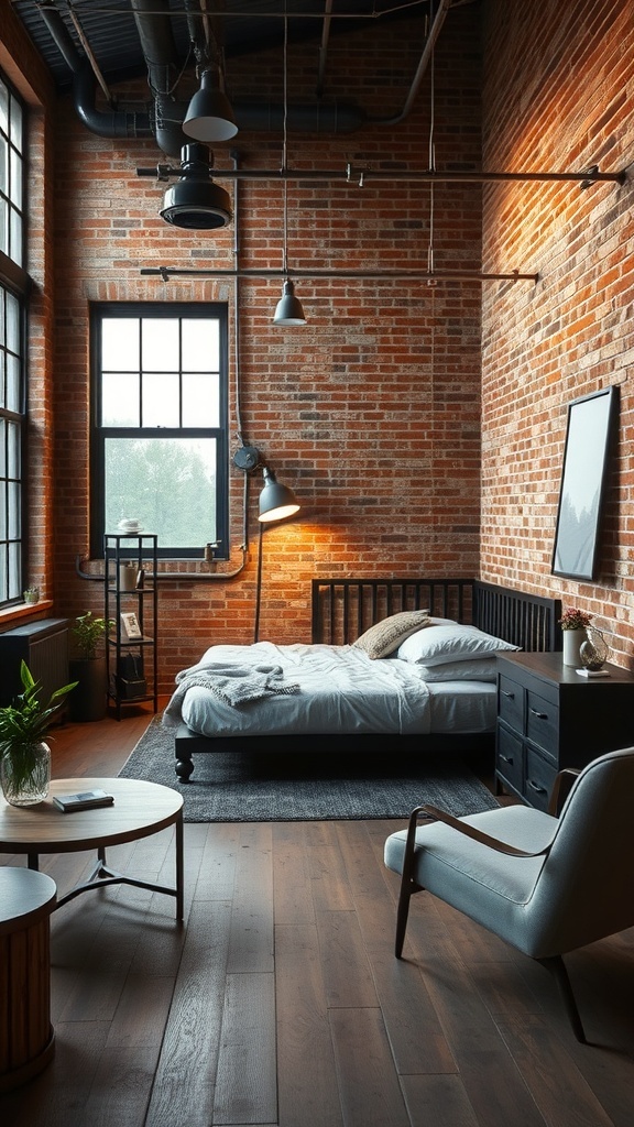10 Stylish Bedroom Ideas Every Man Will Love 11 A stylish industrial chic bedroom featuring exposed brick walls, a cozy bed, and modern furniture.