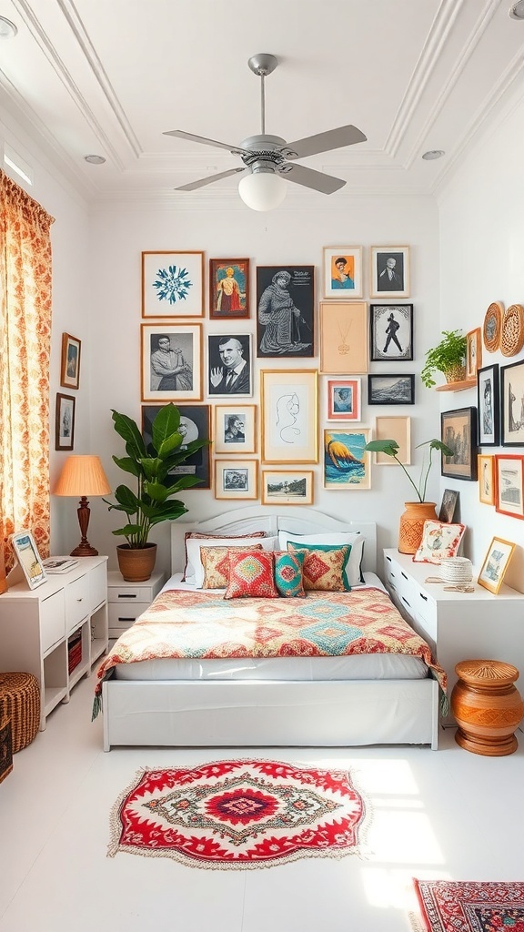 14 Stunning White Bedroom Ideas for a Dreamy Retreat 27 A bright and eclectic white bedroom featuring a gallery wall of framed art, colorful bedding, and a potted plant.