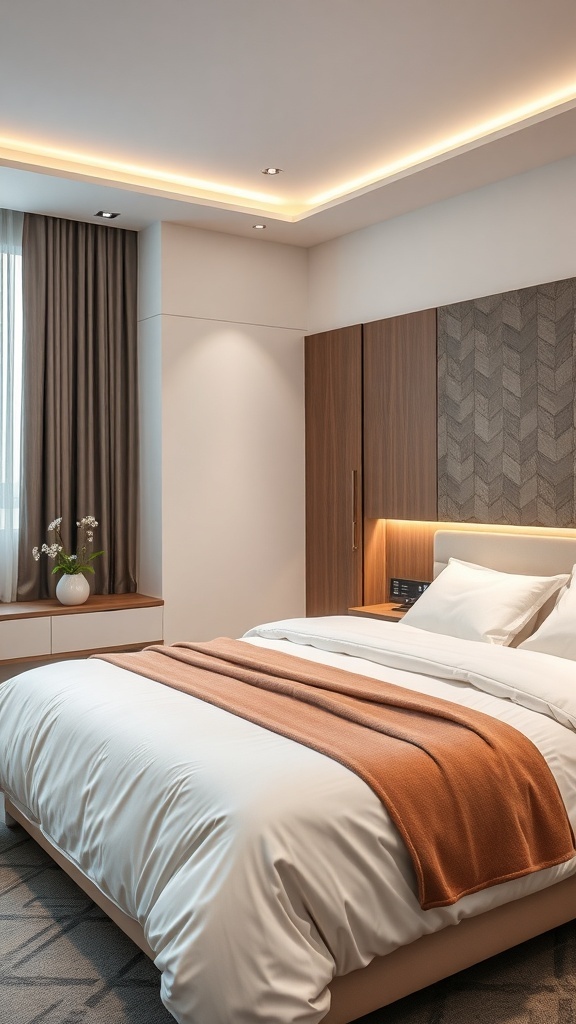 13 Stylish Bedroom Ideas to Transform Your Space 22 A modern bedroom with smart tech features, warm lighting, and a cozy atmosphere.