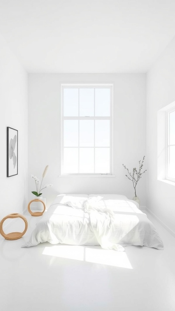 14 Stunning White Bedroom Ideas for a Dreamy Retreat 15 A bright, minimalist white bedroom with a bed, large windows, and simple decor.