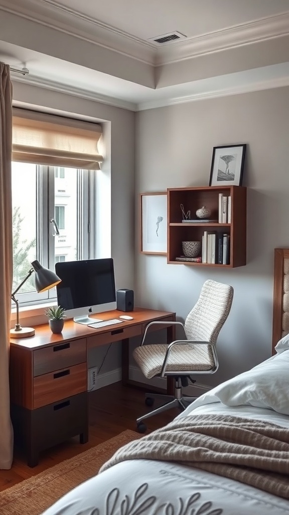 13 Elegant Bedroom Ideas for Grown Women 26 A cozy home office nook in a bedroom with a desk, chair, and bookshelf.