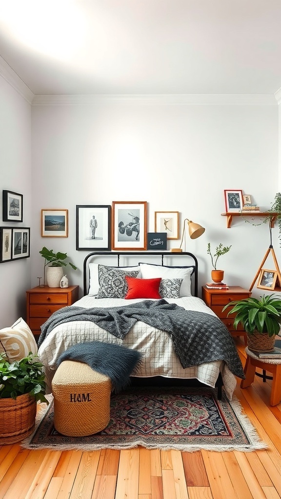 15 Inspiring Bedroom Ideas to Transform Your Space 25 A cozy bedroom featuring a black metal bed frame, patterned pillows, framed art on the walls, wooden furniture, and indoor plants.
