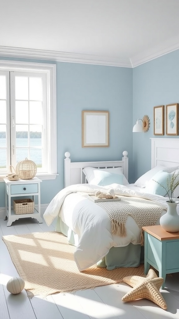 9 Stunning Bedroom Design Ideas to Transform Your Space 10 A coastal-themed bedroom with blue walls, white furniture, and nautical decor.