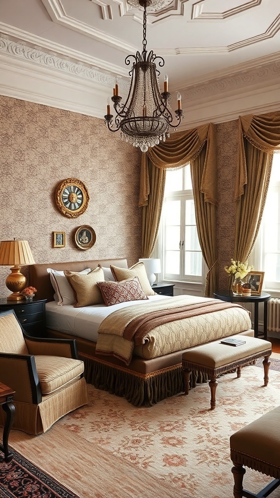 10 Chic Guest Bedroom Ideas for a Cozy Retreat 16 A classic elegant guest bedroom featuring a chandelier, rich fabrics, and tasteful decor.
