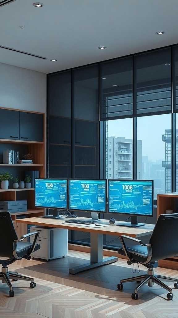 13 Essential Items for the Perfect Double Monitor Setup in Your Home Office 12 A modern home office with three monitors displaying data, showcasing a sleek and organized workspace.