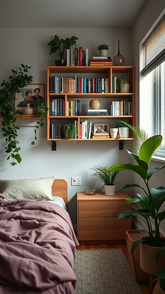 13 Creative Bedroom Ideas for Small Spaces 23 Cozy bedroom with wooden shelving filled with books and plants, showcasing a warm and inviting atmosphere.