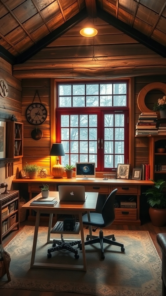 10 Must-Have Masculine Decor Items for Your Home Office 16 A rustic farmhouse home office with wooden walls, a desk, and a view of nature through large windows.